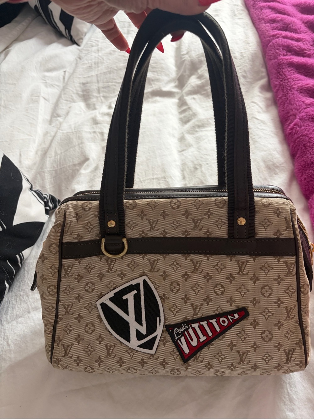 Louis Vuitton mini Beige Monogram bowler with Dark Brown Trim and Patch Details